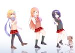  3girls absurdres black_footwear black_hair black_legwear blonde_hair blue_scarf blush brown_eyes brown_footwear brown_hair chisaki_tapris_sugarbell closed_mouth gabriel_dropout green_eyes hair_ornament hair_over_one_eye highres kneehighs kurona_mei long_hair looking_at_another looking_at_viewer medium_hair multiple_girls one_eye_closed open_mouth pantyhose red_skirt scarf shinohara_chiaki short_hair skirt smile socks tenma-gav very_long_hair violet_eyes x_hair_ornament 