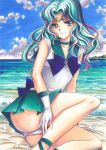  1girl aqua_choker aqua_hair back_bow beach bishoujo_senshi_sailor_moon blue_bow blue_eyes blue_neckwear blue_sky blush bow circlet closed_mouth clouds collarbone curly_hair day gloves green_sailor_collar green_skirt hair_intakes highres leotard long_hair looking_at_viewer marker_(medium) miniskirt ocean outdoors pleated_skirt sailor_collar sailor_neptune sailor_senshi_uniform shiny shiny_hair sitting skirt sky smile solo tomoeri traditional_media very_long_hair white_gloves white_leotard 