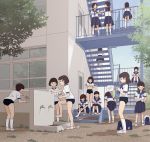  6+girls bag blue_skirt brown_hair buruma day dressing drinking_fountain duffel_bag eye_contact faucet kiyo_(kyokyo1220) kneehighs leaning_forward long_hair looking_at_another multiple_girls outdoors school school_uniform serafuku shirt shoe_removed short_sleeves short_twintails sitting skirt stairs towel tree twintails undressing white_footwear white_legwear white_shirt 