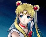  1girl bangs bishoujo_senshi_sailor_moon blonde_hair blue_eyes blue_sailor_collar bow bowtie choker circlet collarbone collared_shirt crescent crescent_earrings double_bun earrings floating_hair hair_tubes heart heart_choker jewelry long_hair red_bow red_choker red_neckwear sailor_collar sailor_moon sailor_moon_redraw_challenge sailor_senshi_uniform sailor_shirt shinmanawa shirt sleeveless sleeveless_shirt solo twintails upper_body very_long_hair white_shirt 