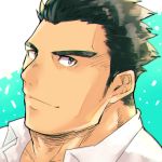  1boy black_hair brown_eyes close-up face hiraga0613 light_smile male_focus master_3_(tokyo_houkago_summoners) shiny shiny_hair shirt sideburns simple_background tokyo_houkago_summoners upper_body white_shirt 