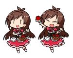  1girl apple basket bow bowtie brown_hair chibi closed_eyes commentary daisukebachi dress food fruit full_body holding holding_food holding_fruit idolmaster idolmaster_cinderella_girls leg_up long_hair open_mouth red_apple short_sleeves simple_background smile tsujino_akari variations white_background wrist_cuffs 