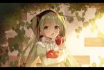  1girl apple blush eyebrows_visible_through_hair fang food fruit green_eyes green_hair hatsune_miku highres holding holding_food holding_fruit letterboxed long_hair looking_at_viewer open_mouth plant sakakidani solo sweatdrop twintails vines vocaloid 
