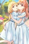  2girls :3 aoba_yukichi blonde_hair blurry blurry_background blush brown_eyes futaba_anzu hug idolmaster idolmaster_cinderella_girls long_hair low_twintails matching_outfit moroboshi_kirari multiple_girls open_mouth orange_hair sailor_collar skirt twintails yellow_eyes yuri 