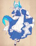  1girl apron blue_hair bowing breasts columns_ke dress fins frills full_body glasses horns large_breasts long_sleeves looking_at_viewer maid melusine_(tokyo_houkago_summoners) pointy_ears puffy_sleeves shoes short_hair simple_background solo tail tokyo_houkago_summoners violet_eyes 