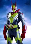 1boy absurdres antennae armor artist_name belt blue_background clouds copyright_name cowboy_shot highres kamen_rider kamen_rider_01_(series) kamen_rider_zero-two looking_at_viewer making-of_available mask parashima_tenko red_eyes rider_belt shiny sky solo 