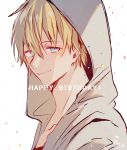  1boy absurdres bangs blonde_hair blue_eyes closed_mouth collarbone ex_albio eyebrows_visible_through_hair grey_jacket hair_between_eyes happy_birthday highres hood hood_up hooded_jacket jacket looking_at_viewer male_focus nijisanji open_clothes open_jacket simple_background smile sofra solo upper_body virtual_youtuber white_background 
