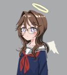  1girl angel_(nadegata) angel_wings blue_shirt blush brown_hair closed_mouth detached_wings feathered_wings glasses grey_background hair_intakes halo highres long_hair nadegata neckerchief original red_neckwear sailor_collar shirt simple_background smile solo upper_body violet_eyes white_sailor_collar white_wings wings 
