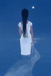  1girl arm_at_side black_hair dark_skin dress dyuba000 facing_away full_moon highres moon night ocean original solo veil_removed wading white_dress 