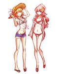  2girls bikini bikini_top blonde_hair blue_shorts bow cagalli_yula_athha collarbone eyebrows_visible_through_hair full_body grin groin gundam gundam_seed hair_ornament hat hat_bow jacket lacus_clyne long_hair looking_at_viewer morihaw multiple_girls navel off_shoulder open_clothes open_jacket pink_hair shiny shiny_hair shirt short_hair short_shorts short_sleeves shorts simple_background sketch smile standing straw_hat striped striped_bikini sun_hat swimsuit tied_shirt very_long_hair violet_eyes white_background white_bikini white_bow white_jacket white_shirt 
