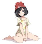  1girl barefoot black_hair hat highres looking_at_viewer mizuki_(pokemon) pokemon pokemon_(game) pokemon_sm red_headwear shirt short_hair short_sleeves simple_background sitting smile solo tsukishiro_saika wariza white_background 