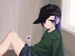  1girl absurdres black_headwear blue_shorts blush_stickers closed_mouth empty_eyes feet_out_of_frame from_side goshiki_agiri green_shirt hat highres kill_me_baby long_hair long_sleeves looking_at_viewer looking_to_the_side nadegata purple_hair shirt shorts sitting solo violet_eyes window 