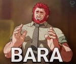  1boy alternate_costume bara beard blurry blurry_background body_hair chest derivative_work english_commentary english_text facial_hair fate/grand_order fate/zero fate_(series) formal iskandar_(fate) large_hands leomon32 male_focus manly meme muscle necktie redhead simple_background sleeves_rolled_up smile solo upper_body watermark 