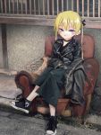  1girl absurdres armchair black_choker black_footwear black_jacket black_skirt blush chair choker closed_mouth converse highres jacket kill_me_baby leather leather_jacket looking_at_viewer nadegata shoes sitting skirt solo sonya_(kill_me_baby) twintails violet_eyes 
