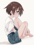  1girl absurdres barefoot blue_shorts brown_eyes brown_hair closed_mouth denim denim_shorts from_side highres kill_me_baby nadegata oribe_yasuna profile shirt short_sleeves shorts simple_background sitting solo white_background white_shirt 