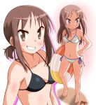  1girl barefoot bikini black_bikini brown_eyes brown_hair commentary_request crab grin innertube ki_(adotadot) long_hair looking_at_viewer multiple_views okano_kei side-tie_bikini sidelocks simple_background smile standing striped striped_bikini swimsuit upper_body white_background yuyushiki 