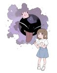  1girl :p anger_vein brown_eyes brown_hair child clefairy clenched_hands closed_eyes doll gastly gen_1_pokemon ghost looking_at_viewer newo_(shinra-p) open_mouth pokemon pokemon_(creature) short_hair simple_background smile stuffed_toy tongue tongue_out 