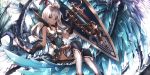  1girl :d absurdres armor armored_boots bangs bare_arms bare_shoulders black_gloves black_legwear black_skirt boots breastplate brown_eyes chin_tickle dark_skin dragon faulds feet_out_of_frame gloves granblue_fantasy hair_between_eyes hand_up highres holding holding_shield huge_filesize long_hair looking_at_viewer miniskirt open_mouth revision shards shield shirt silver_hair sitting skirt sleeveless sleeveless_shirt smile snm_(sunimi) solo sword teeth weapon wings zooey_(granblue_fantasy) 