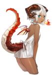  1girl ass backless_dress backless_outfit bangs bare_arms bare_shoulders blue_eyes breathing_fire cropped_legs curled_horns dark_skin dragon_girl dragon_horns dragon_tail dragon_wings dress fire horns looking_at_viewer looking_back mini_wings nima_(niru54) original parted_lips silver_hair simple_background solo tail tail_raised white_background white_dress white_wings wings 