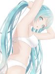  1girl aqua_eyes aqua_hair arms_up bikini breasts hatsune_miku highres long_hair looking_at_viewer medium_breasts mee_330 simple_background solo swimsuit twintails very_long_hair vocaloid white_background white_bikini 