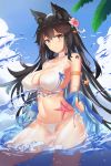  1girl absurdres animal_ears armband atago_(azur_lane) atago_(midsummer_march)_(azur_lane) azur_lane bikini black_hair blue_sky breasts brown_eyes chinese_commentary clouds commentary_request cowboy_shot day extra_ears flower hair_flower hair_ornament highres large_breasts long_hair looking_at_viewer mole mole_under_eye outdoors photoshop_(medium) revision sky solo star_(symbol) starfish swimsuit water white_bikini wjn-rance 