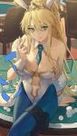  1girl 7aehyun absurdres ahoge animal_ears artoria_pendragon_(all) artoria_pendragon_(swimsuit_ruler)_(fate) bangs between_breasts blonde_hair blue_legwear breasts bunnysuit chair collarbone crown fake_animal_ears fate/grand_order fate_(series) green_eyes highres holster large_breasts midriff necktie necktie_between_breasts poker_chip poker_table rabbit_ears sidelocks solo thigh_holster 