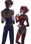  1boy 1girl :t aqua_eyes blue_bodysuit bodysuit breasts brown_hair code_geass drinking_straw food hair_intakes headband highres holding holding_food kallen_stadtfeld kururugi_suzaku large_breasts medium_hair nuts_takahashi pilot_suit red_bodysuit red_headband redhead shiny shiny_hair simple_background white_background 