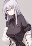  1girl bangs black_bow black_gloves black_sweater borrowed_character bow breasts closed_mouth dutch_angle eyebrows_visible_through_hair gloves grey_background grey_eyes grey_hair hair_between_eyes hair_bow highres jacket kinona large_breasts long_hair long_sleeves looking_at_viewer off_shoulder open_clothes open_jacket original ribbed_sweater simple_background solo sweater turtleneck turtleneck_sweater very_long_hair white_jacket zoya_petrovna_vecheslova 
