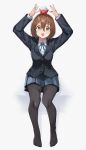  1girl arms_up bangs black_legwear blue_neckwear blue_ribbon blue_skirt blush breasts brown_eyes brown_hair commentary_request food food_on_head full_body hair_ornament highres hirasawa_yui k-on! layered_sleeves long_sleeves looking_at_viewer neck_ribbon no_shoes object_on_head open_mouth pantyhose pleated_skirt ribbon round_teeth school_uniform shirt short_hair sitting skirt smile solo tapioka_(oekakitapioka) teeth white_background white_shirt 