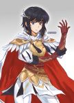  1girl armor black_hair cape closed_mouth feather_trim fire_emblem fire_emblem:_thracia_776 fire_emblem_heroes gloves hair_ornament highres nyawn5 olwen_(fire_emblem) short_hair solo twitter_username 