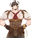  1boy ahoge bara barawa beard blush brown_eyes brown_hair bulge chest columns_ke covered_nipples cravat draph facial_hair gloves goatee granblue_fantasy hands_on_hips horns male_focus muscle pectorals pipe sleeves_rolled_up solo 