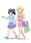  2girls :d alternate_hairstyle bag bare_shoulders black_hair blonde_hair blue_shirt blue_skirt casual commentary_request dress hair_between_eyes handbag hapiwatashi_ga_motenai_no_wa_dou_kangaetemo_omaera_ga_warui! holding_hands kuroki_tomoko multiple_girls no_socks open_mouth pink_dress pleated_skirt pointing ponytail shirt shoes shoulder_bag shoulder_cutout simple_background skirt smile socks uchi_emiri walking watashi_ga_motenai_no_wa_dou_kangaetemo_omaera_ga_warui! white_background yellow_shirt 