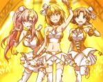  3girls :d armpits blonde_hair blue_eyes blurry blurry_background brown_hair bustier cagalli_yula_athha choker collarbone crop_top detached_sleeves frilled_sleeves frills grin groin gundam gundam_seed gundam_seed_destiny hair_intakes hair_ornament hat headset highres long_hair looking_at_viewer meer_campbell microphone midriff mini_hat miniskirt miriallia_haw morihaw multiple_girls navel open_mouth pink_hair pleated_skirt shiny shiny_hair short_hair short_shorts short_sleeves shorts side_ponytail skirt smile stage standing standing_on_one_leg star_(symbol) star_choker star_hair_ornament stomach strapless thigh-highs very_long_hair violet_eyes white_headwear white_legwear white_shorts white_skirt yellow_background yellow_choker yellow_eyes yellow_sleeves yellow_theme 
