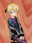  1girl absurdres blonde_hair closed_mouth dress highres jacket kill_me_baby long_hair long_sleeves looking_at_viewer nadegata orange_background purple_dress sitting solo sonya_(kill_me_baby) stool twintails v_arms very_long_hair violet_eyes 