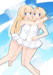  2girls blonde_hair blue_eyes casual_one-piece_swimsuit commentary_request dress enjaku_izuku flat_chest full_body highres hug janus_(kantai_collection) jervis_(kantai_collection) kantai_collection long_hair looking_at_viewer multiple_girls one-piece_swimsuit sailor_dress short_hair swimsuit swimsuit_skirt white_swimsuit 