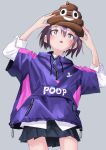  1girl absurdres black_skirt bright_pupils cowboy_shot grey_background highres long_sleeves nadegata original parted_lips poop_emoji purple_hair purple_hoodie shirt short_hair simple_background skirt solo standing violet_eyes white_pupils white_shirt 