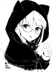  1girl animal_ears animal_hood bangs black_eyes cat_hood commentary_request eyebrows_visible_through_hair face fake_animal_ears fang from_side glasses greyscale high_contrast hood hood_up hoodie long_sleeves looking_at_viewer looking_to_the_side monochrome original simple_background skin_fang solo tomato_(potato) white_background 