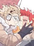  2boys beard blonde_hair blue_eyes boku_no_hero_academia deavor_lover eye_contact facial_hair feathered_wings feathers gloves hand_on_another&#039;s_face hawks_(boku_no_hero_academia) looking_at_another male_focus multiple_boys red_eyes spiky_hair todoroki_enji upper_body wings 