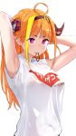  1girl armpits arms_behind_head bra breasts clothes_writing dragon_girl dragon_horns hair_tie_in_mouth highres hololive horns kiryuu_coco large_breasts mouth_hold orange_hair red_eyes see-through_silhouette solo tying_hair underwear white_background white_bra yuyaiyaui 