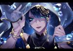  1boy blue_eyes blue_hair constellation deuce_spade facial_mark facial_tattoo hair_between_eyes hair_ornament headpiece highres ichino01no looking_at_viewer male_focus off_shoulder open_mouth solo tattoo twisted_wonderland 