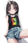  1girl absurdres ahoge belt_collar black_shirt blue_shorts brown_hair collar denim denim_shorts highres looking_at_viewer medium_hair nadegata original parted_lips reclining red_eyes shirt shorts simple_background sleeveless sleeveless_shirt solo white_background yin_yang 