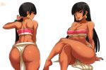  1girl absurdres ass bare_shoulders black_hair breasts chel_(the_road_to_el_dorado) commentary crossed_legs curvy earrings highres jewelry jmg large_breasts long_hair multiple_views simple_background sitting tan the_road_to_el_dorado thick_thighs thighs white_background 