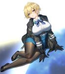  1girl absurdres arm_support bangs belt black_footwear black_gloves black_jacket black_legwear blonde_hair blue_background blue_belt blue_eyes blue_neckwear blue_skirt blush breasts collared_shirt commentary_request eyebrows_visible_through_hair full_body fur-trimmed_jacket fur_trim girls_frontline gloves hair_between_eyes hair_ornament head_tilt high_heels highres jacket large_breasts long_sleeves looking_at_viewer miniskirt neck_ribbon no_mole open_clothes open_jacket pantyhose parted_lips ribbon shadow shirt shirt_tucked_in short_hair sidelocks sitting skirt snap-fit_buckle snowflake_hair_ornament solo taut_skirt two-tone_background vsk-94_(girls_frontline) white_background white_shirt wu_ganlan_cai yokozuwari 