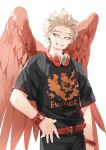  1boy alternate_costume beard blonde_hair blurry blurry_background boku_no_hero_academia deavor_lover facial_hair feathered_wings feathers hand_on_hip hawks_(boku_no_hero_academia) highres male_focus shirt smile upper_body wings yellow_eyes 