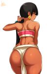  1girl ass bare_shoulders black_hair breasts brown_eyes chel_(the_road_to_el_dorado) commentary curvy earrings from_behind hair_lift highres jewelry jmg large_breasts long_hair simple_background solo tan the_road_to_el_dorado thick_thighs thighs white_background 