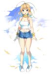  1girl 2018 absurdres blonde_hair blue_eyes blue_hair breasts dated gradient_hair highres long_hair looking_at_viewer medium_breasts multicolored_hair na_arva navel original personification petals short_shorts shorts solo standing 