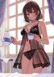  1girl babydoll bangs bare_shoulders black_babydoll black_panties blush breasts brown_hair commission commissioner_upload cup dark_skin day eyebrows_visible_through_hair hair_between_eyes highres holding holding_cup holding_teapot indoors lace large_breasts looking_at_viewer navel original panties red_eyes shalifa_(suzuame_yatsumi) short_hair sidelocks smile solo stomach teapot thighs underwear underwear_only uni_(melm) window 