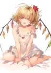  1girl ;d bangs bare_legs bare_shoulders barefoot bed_sheet blonde_hair breasts collarbone commentary crystal elise_(piclic) fang flandre_scarlet hair_ribbon highres looking_at_viewer medium_hair one_eye_closed open_mouth red_eyes red_nails red_ribbon ribbon scrunchie side_ponytail simple_background sitting skin_fang small_breasts smile solo strap_slip touhou twitter_username wariza white_background wrist_scrunchie 