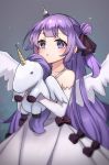  1girl azur_lane bangs bare_shoulders blush bow brown_bow brown_ribbon collarbone commentary detached_sleeves dress eyebrows_visible_through_hair feathered_wings grey_background hair_bun hair_ribbon halterneck holding holding_stuffed_animal long_sleeves miya_(miyaruta) one_side_up parted_lips purple_hair ribbon side_bun sleeves_past_wrists solo sparkle stuffed_alicorn stuffed_animal stuffed_toy unicorn_(azur_lane) violet_eyes white_dress white_sleeves white_wings wings 