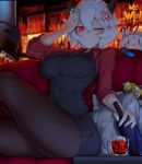  2girls :3 ?? absurdres ahoge alcohol anger_vein animal_ears arm_up black_horns black_vest blurry blurry_background blush breasts cerberus_(helltaker) commentary controller couch crown crown_print demon_girl demon_horns demon_tail dog_ears english_text glass hair_between_eyes hand_on_head helltaker highres holding holding_controller horns indoors large_breasts long_sleeves looking_at_viewer malina_(helltaker) multiple_girls nintendo_switch_pro_controller one_eye_closed pantyhose pillow red_eyes red_shirt shirt short_hair sitting solo_focus tail vest waistcoat wavy_mouth white_hair wine zeroblood 